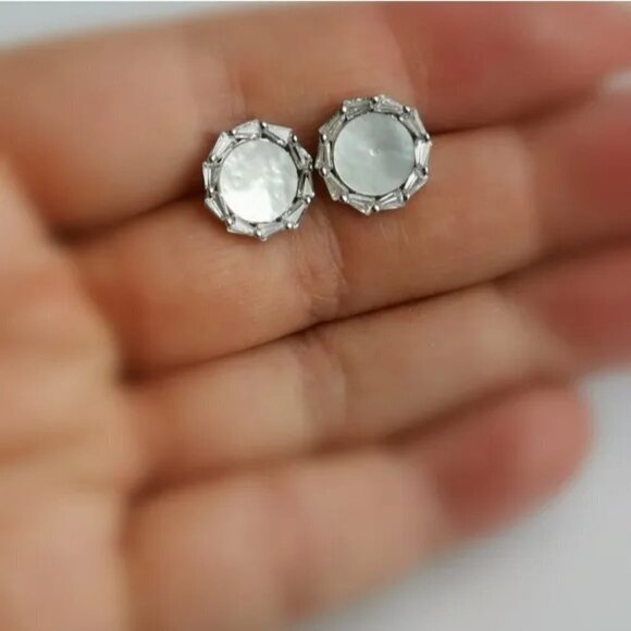 MOTHER of pearl earrings Baguette CZ in Sterling Silver - Picture 5 of 8